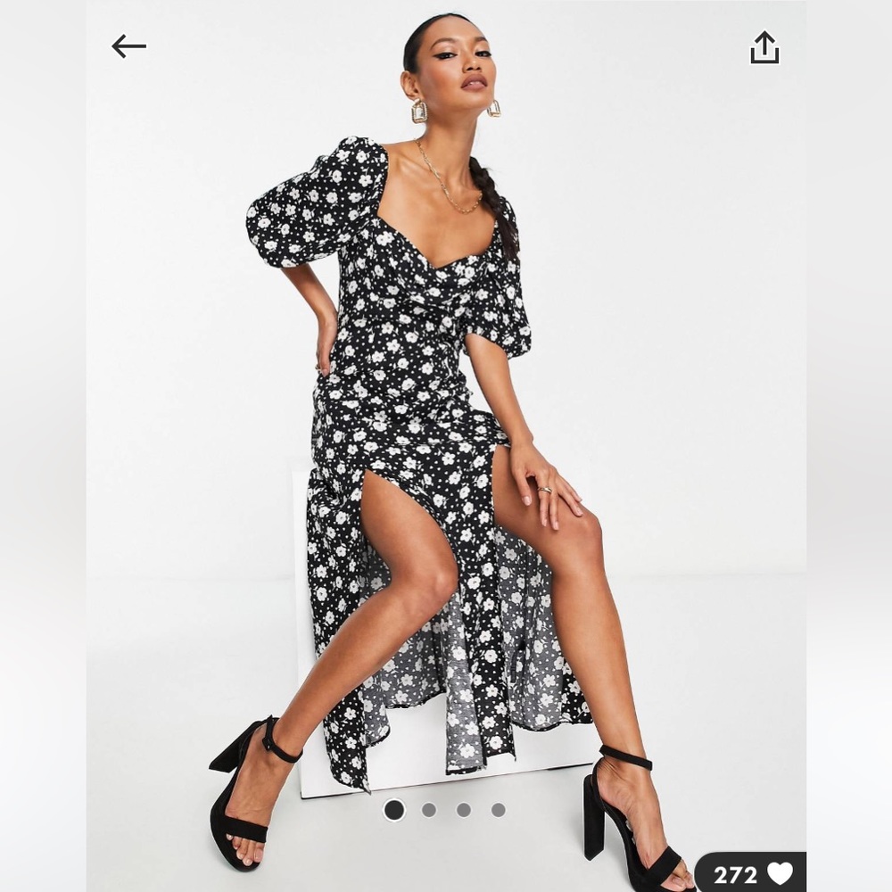 NWT ASOS floral puff sleeve runched bust midi split dress - Picture 2 of 4